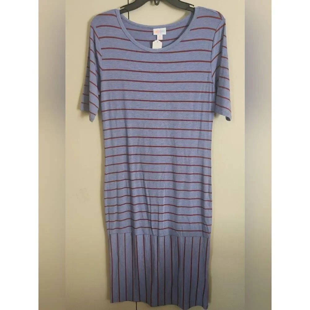 O39 LuLaRoe Light Blue Midi comfy soft T-shirt Dress with Burgundy Stripes